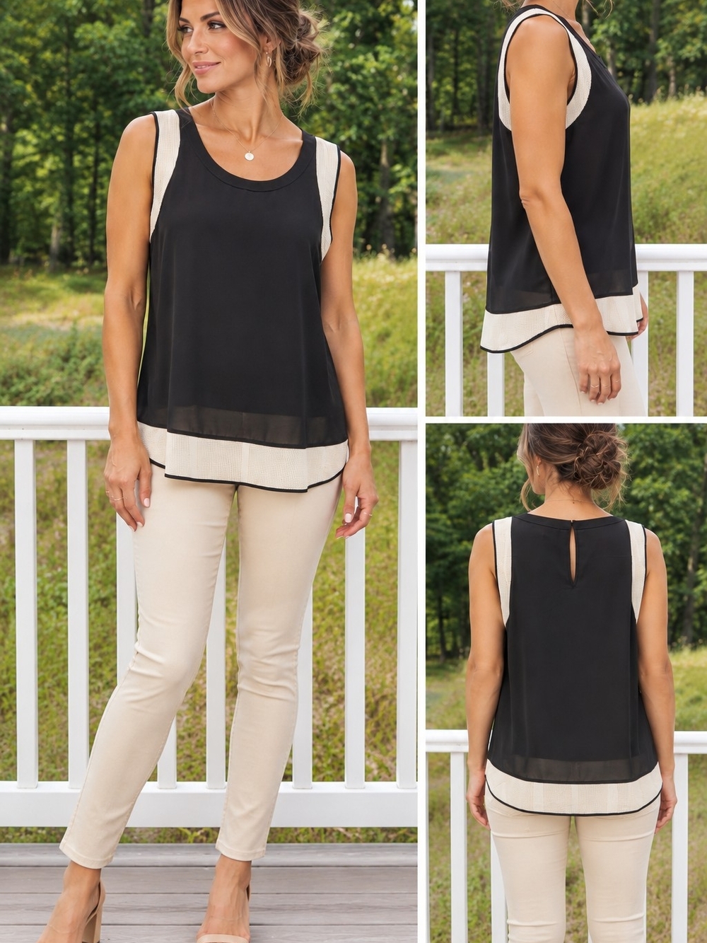 Cable & Gauge Black Cream Mesh Trim Tank Top L Minimalist Chic
